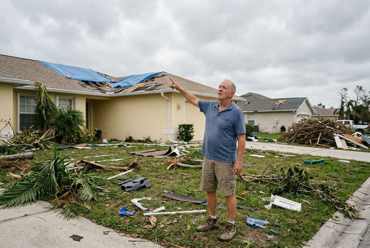 A Florida home with visible storm damage to the roof and walls.