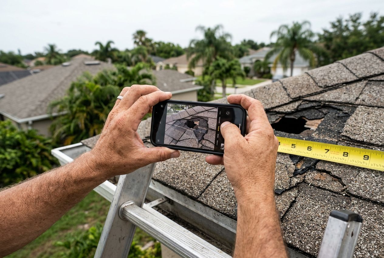 Homeowner photographing storm damage to roof and siding