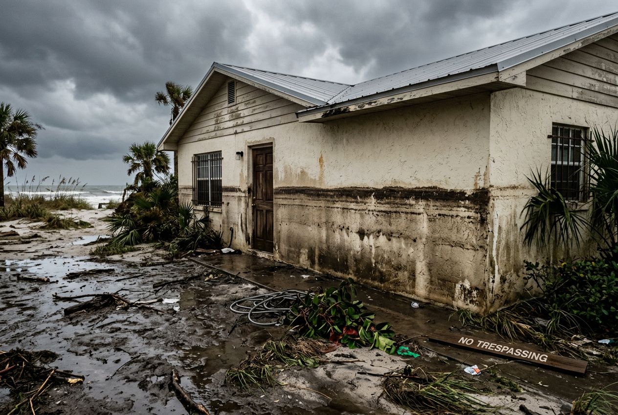 Frustrated homeowner reviewing denied storm surge claim documents