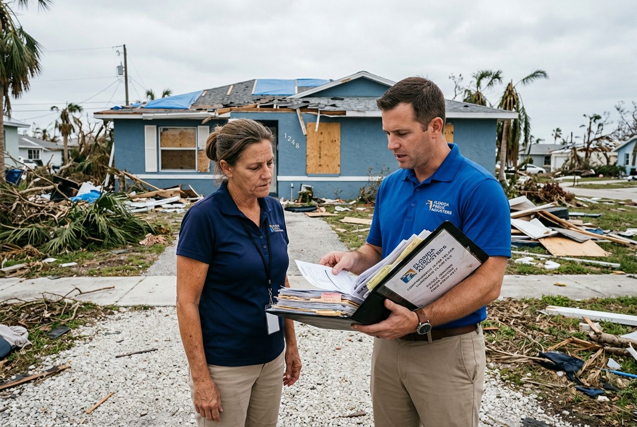 Home damaged by hurricane with adjuster assessing repairs