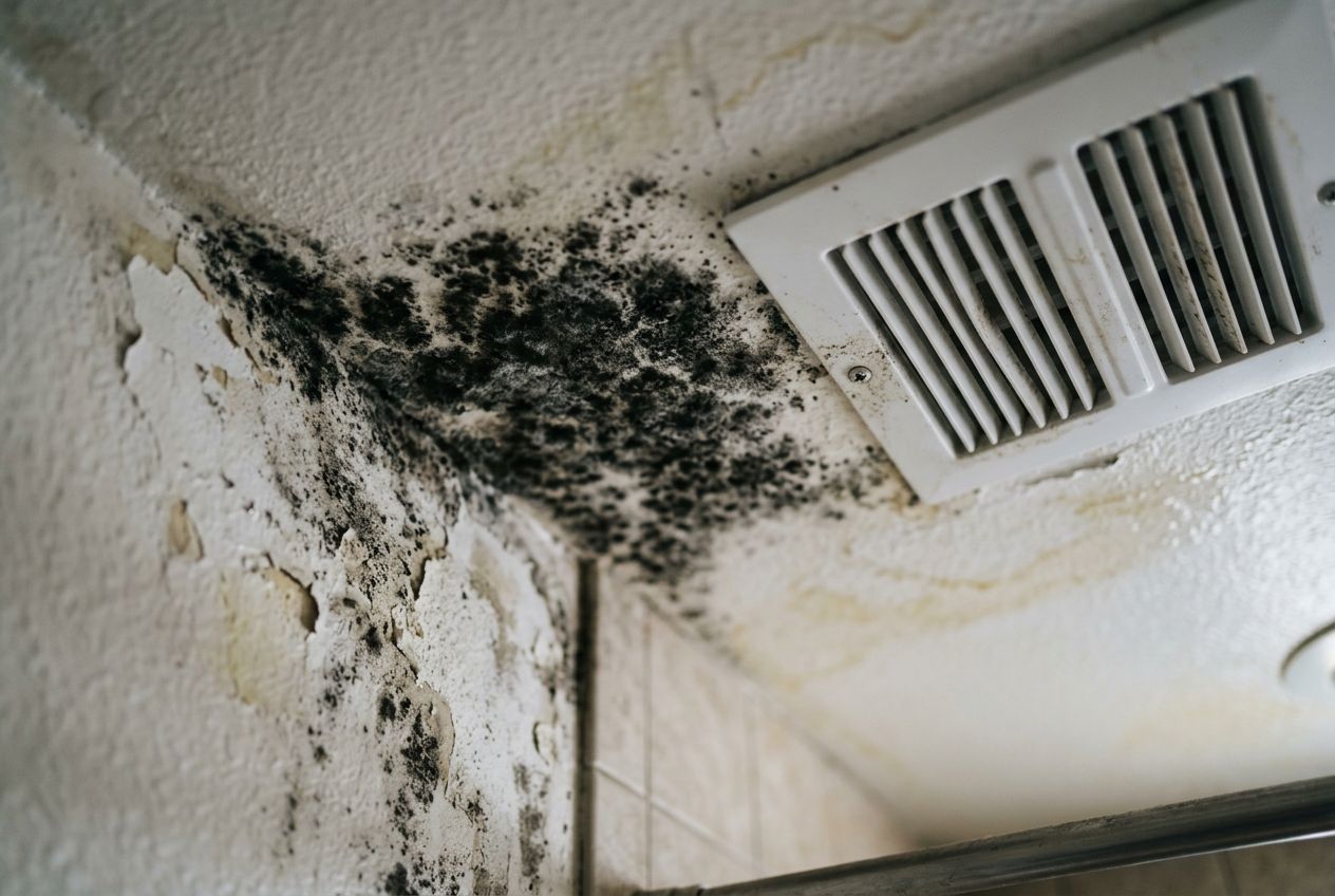 Home with visible mold damage on the walls and ceiling