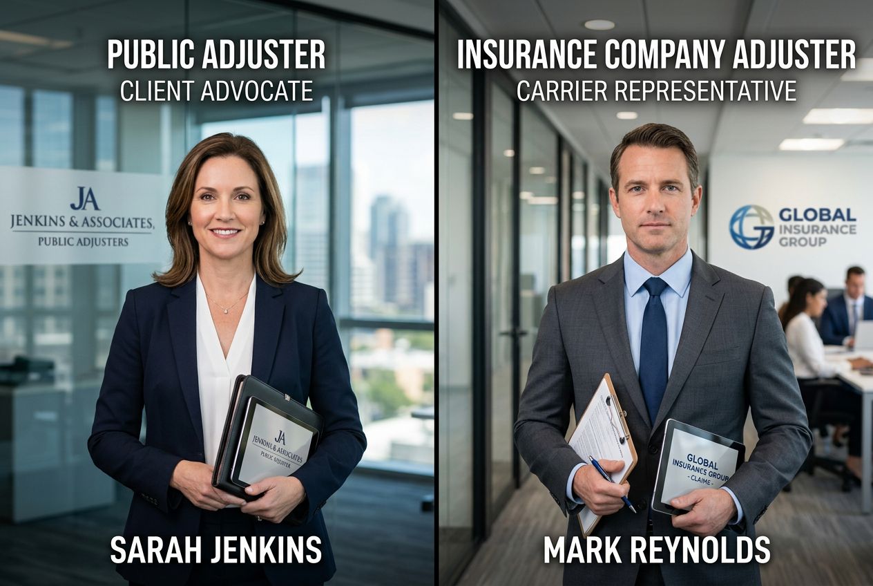 Two adjusters discussing insurance claim documents outdoors.