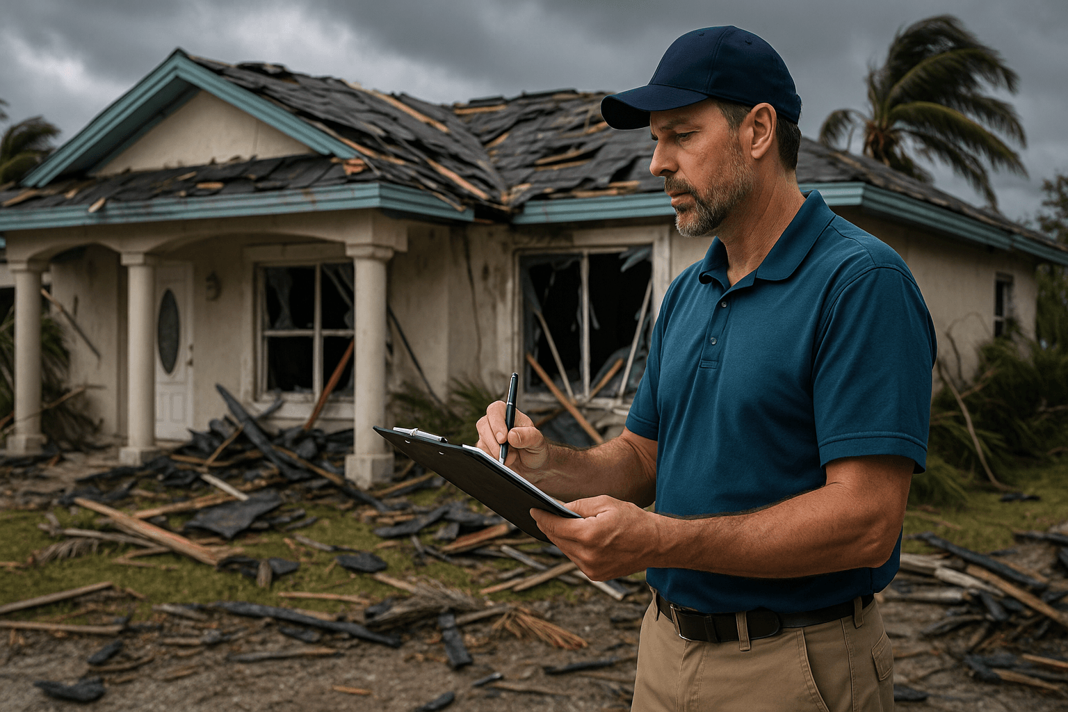 Public adjuster inspecting hurricane-damaged Florida home