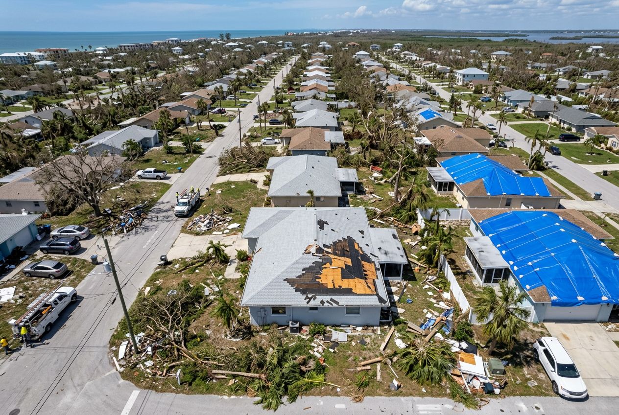 Damaged roof with shingles missing after a hurricane in Florida.