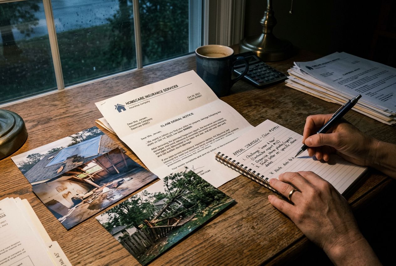 Frustrated homeowner reviewing denied storm claim papers